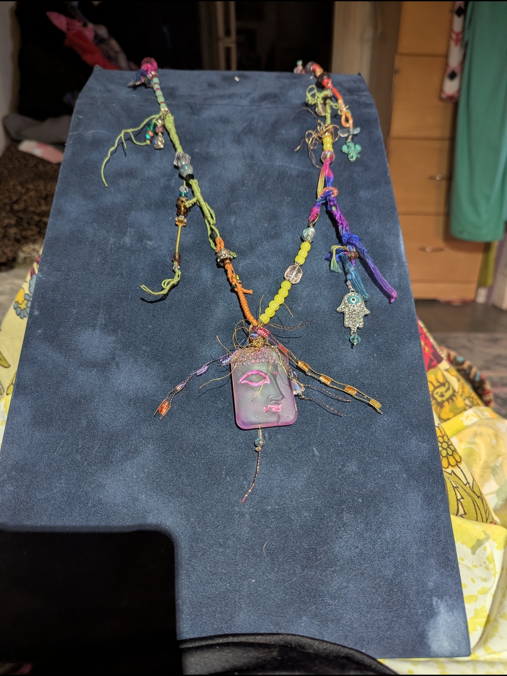 Bohemian Pink Buddha Glass Pendant Necklace with Multicolor Beads - Picture 10 of 10